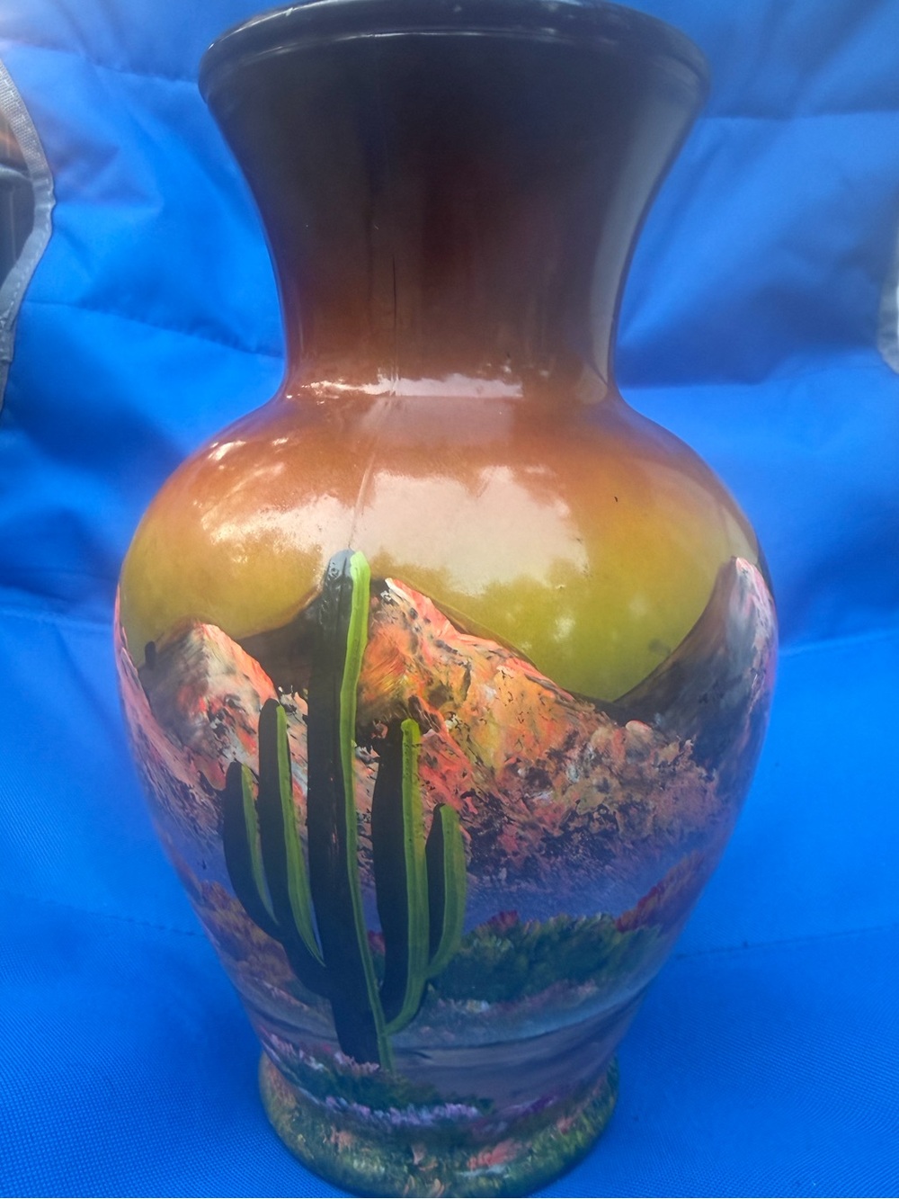 Vintage Stunning! Hand-Painted Desert Scene Large Glass Vase - Arizona